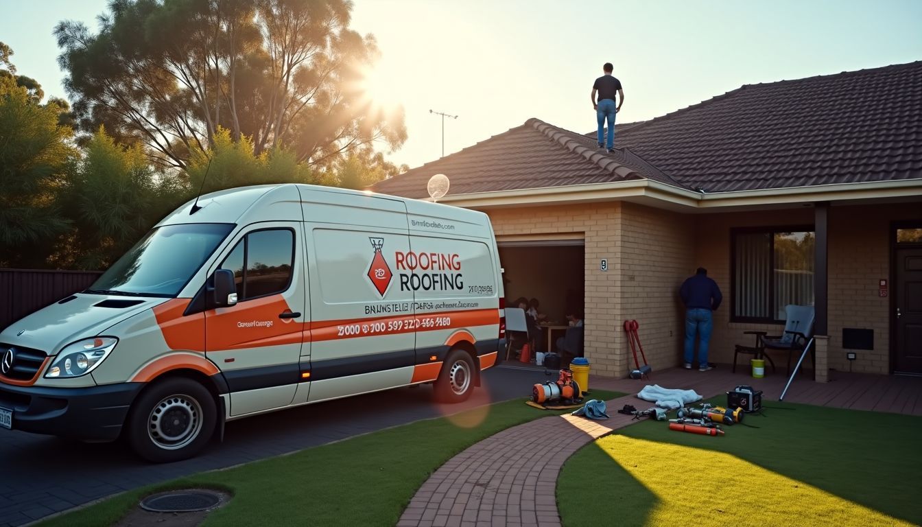 Local roofing business van repairing damaged roof in suburban Brisbane. Local roofing business van repairing damaged roof in suburban Brisbane.