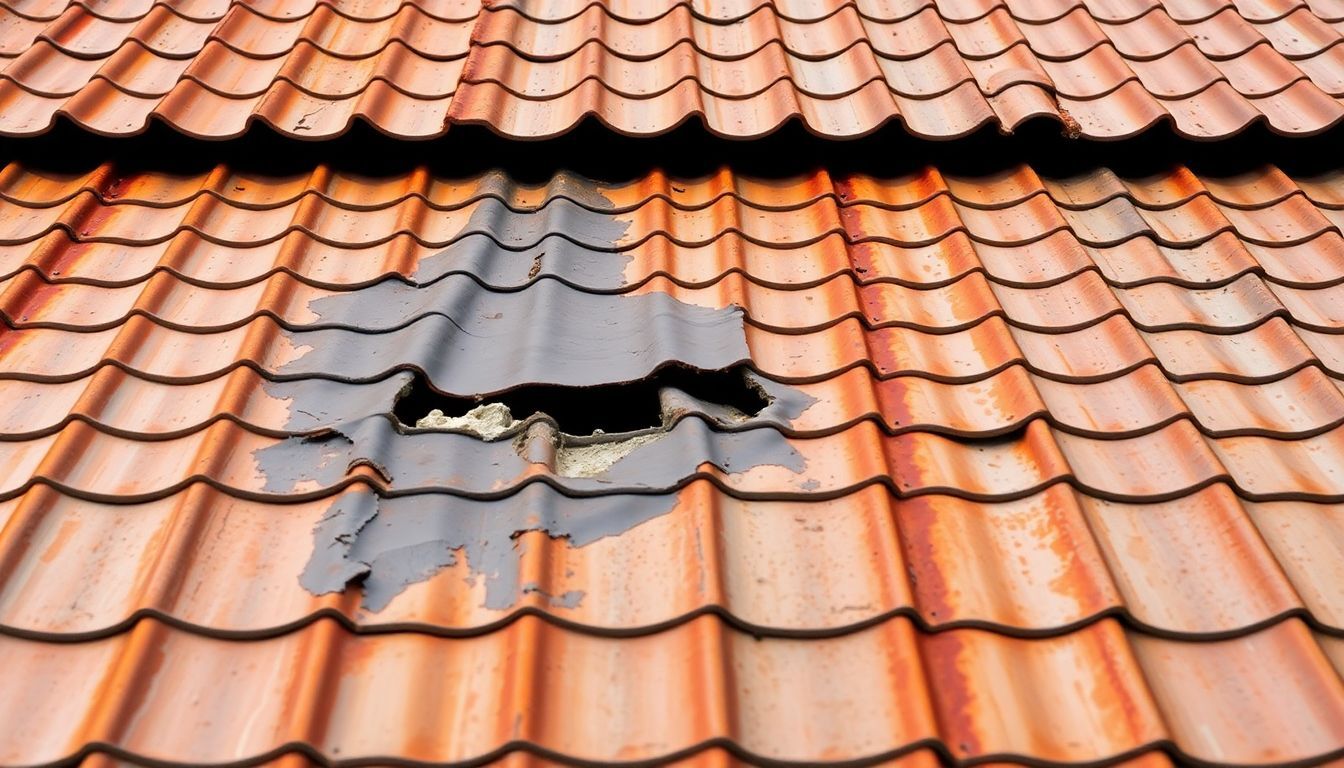 An old, rusted metal roof in Brisbane with visible leaks and broken tiles. An old, rusted metal roof in Brisbane with visible leaks and broken tiles.