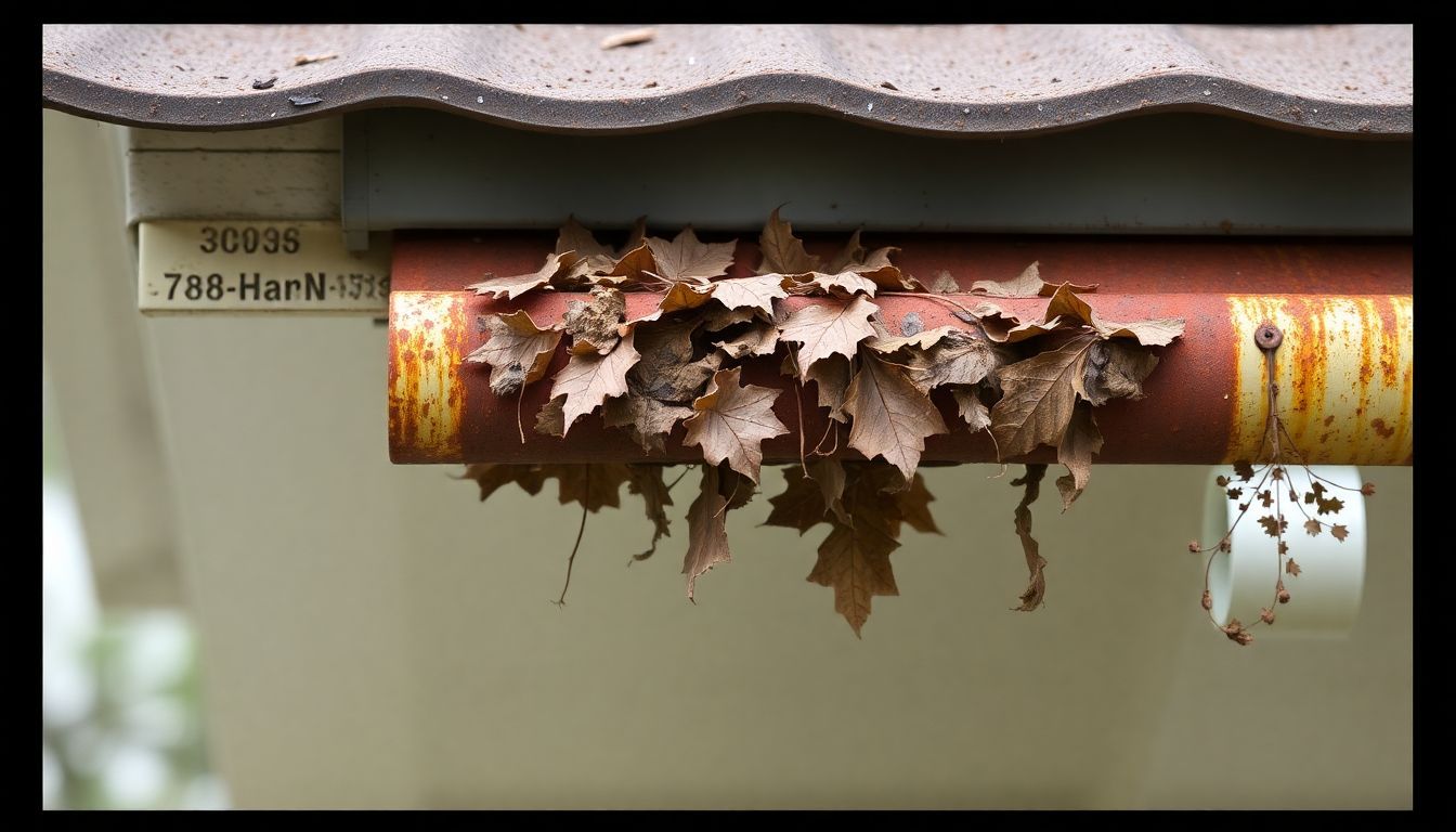 Rusty gutters filled with leaves and debris on a roof.