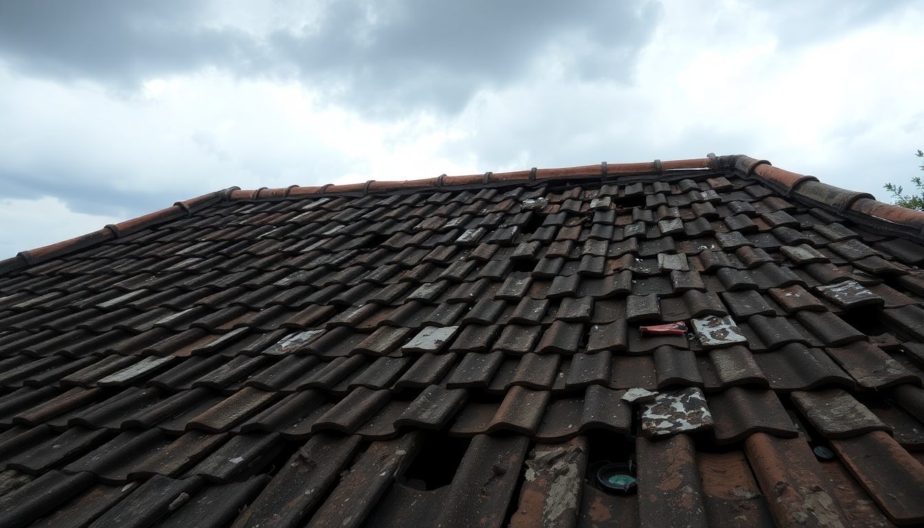 The damaged roof shows signs of water damage and potential structural issues.