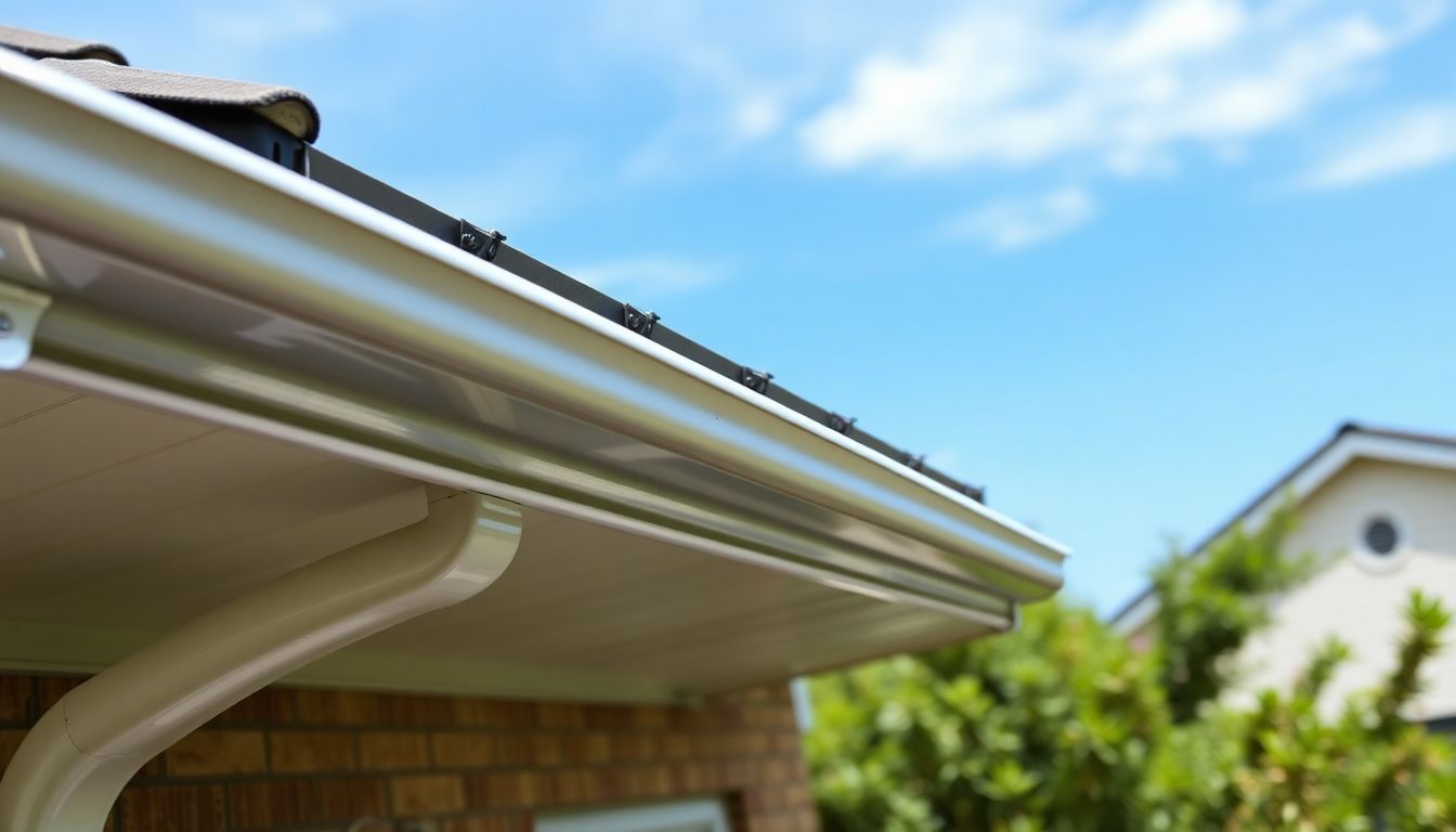 New aluminum gutter system installed on modern home for rain diversion. New aluminum gutter system installed on modern home for rain diversion.