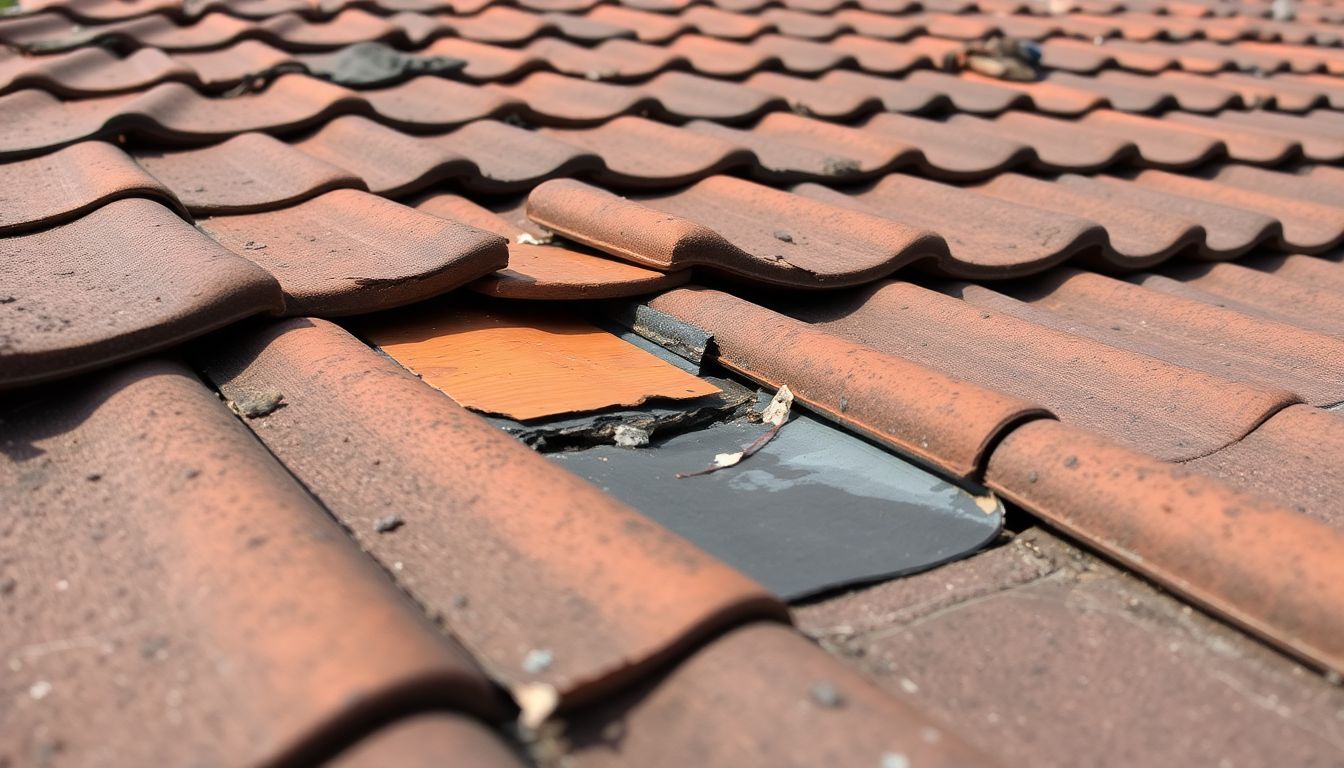 A close-up photo of a damaged, poorly installed rooftop with water leaks. A close-up photo of a damaged, poorly installed rooftop with water leaks.