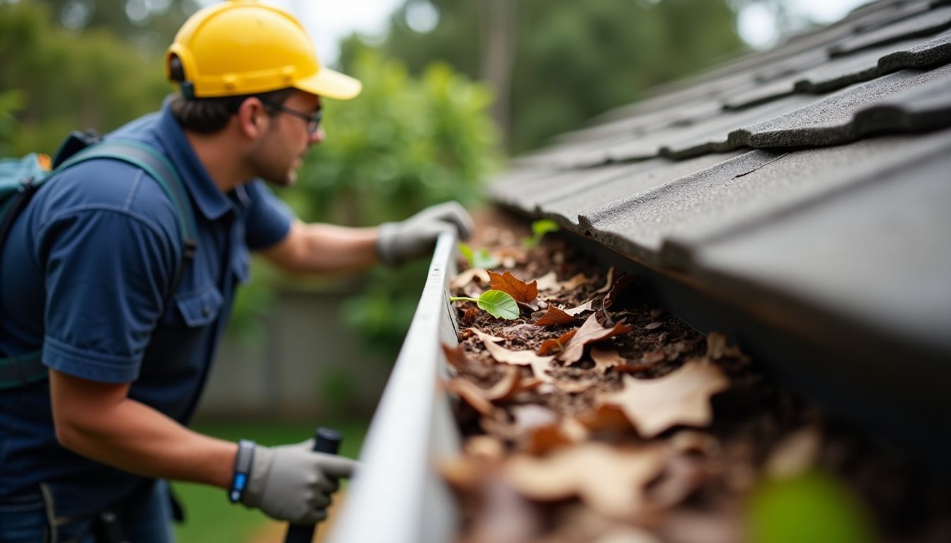 A roof inspector checks a cluttered gutter in a Brisbane backyard. A roof inspector checks a cluttered gutter in a Brisbane backyard.