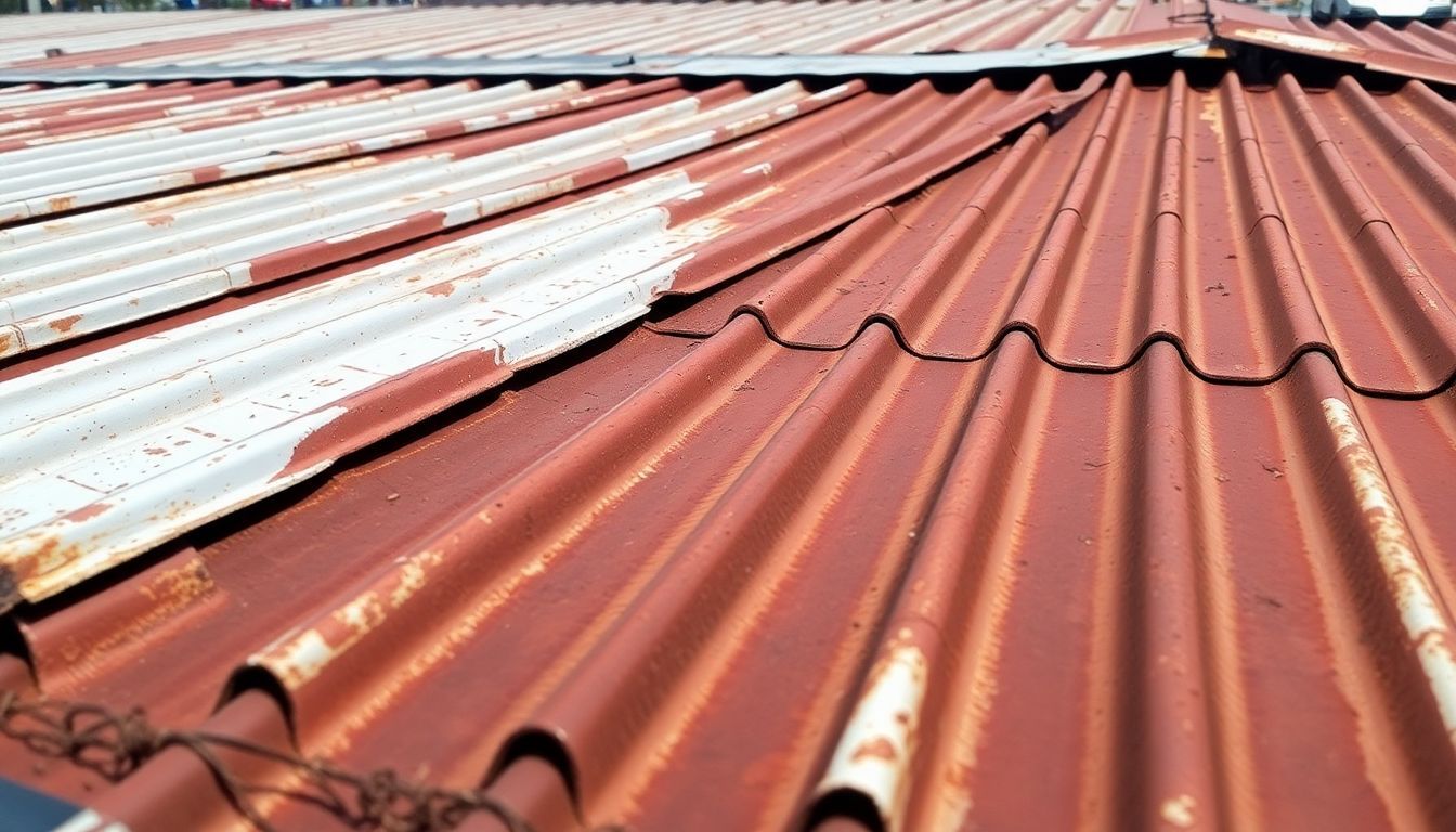 An old, weathered metal roof in Brisbane shows signs of age. An old, weathered metal roof in Brisbane shows signs of age.