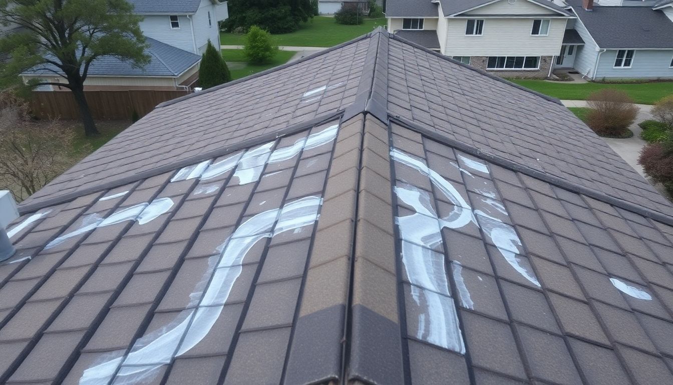 A damaged residential roof with water marks and storm damage. A damaged residential roof with water marks and storm damage.